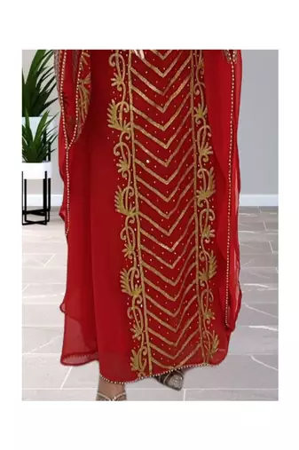 Grand Ruby Red Kaftan Gown with Heavy Gold Zari Work | Wedding & Event Dress