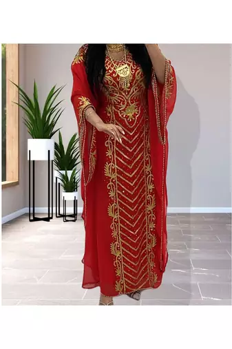Grand Ruby Red Kaftan Gown with Heavy Gold Zari Work | Wedding & Event Dress