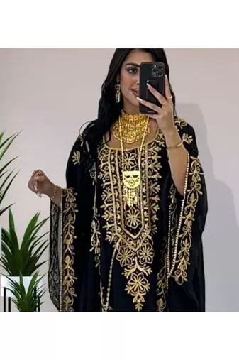 Grand Black Kaftan Gown with Handcrafted Gold Aari Work | Party Wear Dress
