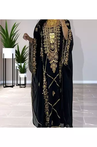 Grand Black Kaftan Gown with Handcrafted Gold Aari Work | Party Wear Dress