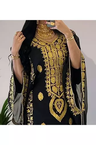 Grand Black Kaftan Gown with Handcrafted Gold Aari Work | Party Wear Dress