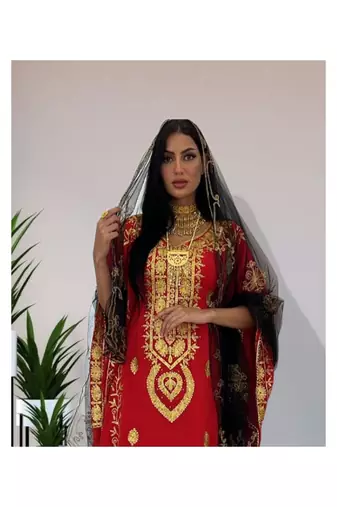Grand Red & White Moroccan Bridal Kaftan with Silver Zari Work | Wedding Dress
