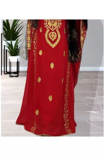 Grand Red & White Moroccan Bridal Kaftan with Silver Zari Work | Wedding Dress
