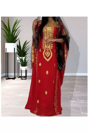 Grand Red & White Moroccan Bridal Kaftan with Silver Zari Work | Wedding Dress