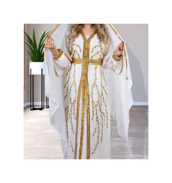 White Kaftan Handcrafted Georgette Aari Work Party Wear Fully Stitched Dresses 0213 4