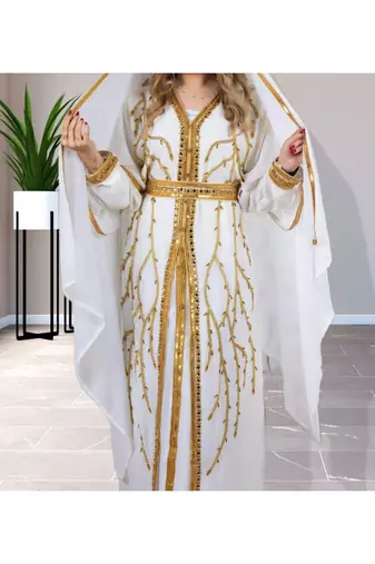 White Kaftan Handcrafted Georgette Aari Work Party Wear Fully Stitched Dresses 0213