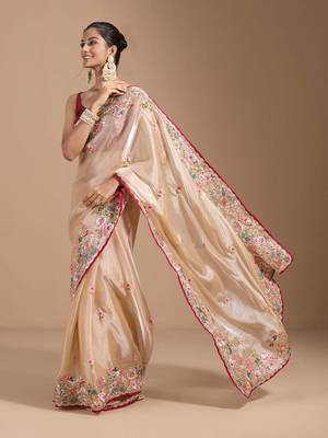 Cream Colour Organza Zari Work Wedding Saree With Unstitched Blouse 1