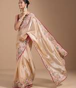 Cream Colour Organza Zari Work Wedding Saree With Unstitched Blouse