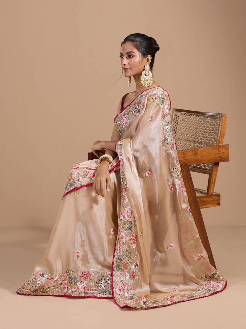 Cream Colour Organza Zari Work Wedding Saree With Unstitched Blouse