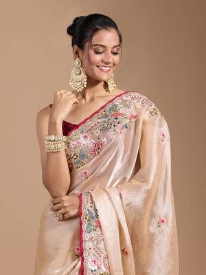 Cream Colour Organza Zari Work Wedding Saree With Unstitched Blouse 4