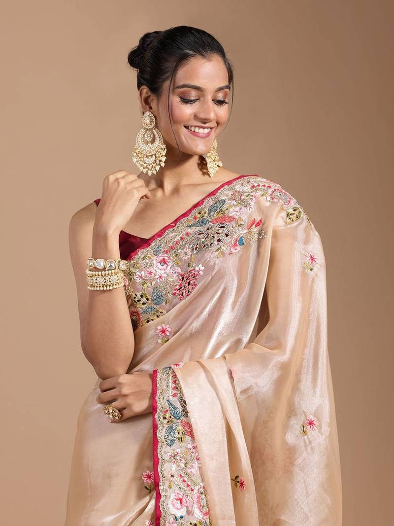 Cream Colour Organza Zari Work Wedding Saree With Unstitched Blouse