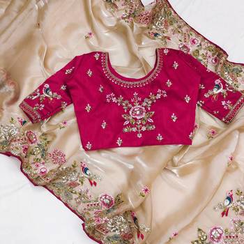 Cream Colour Organza Zari Work Wedding Saree With Unstitched Blouse 5