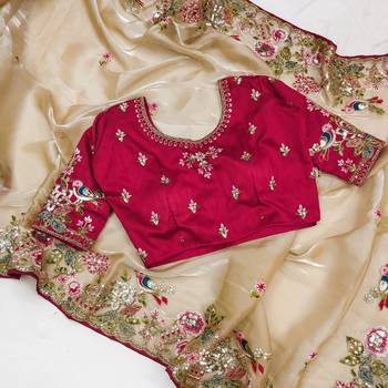 Cream Colour Organza Zari Work Wedding Saree With Unstitched Blouse 6