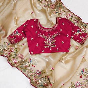 Cream Colour Organza Zari Work Wedding Saree With Unstitched Blouse 7