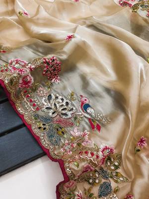 Cream Colour Organza Zari Work Wedding Saree With Unstitched Blouse 8