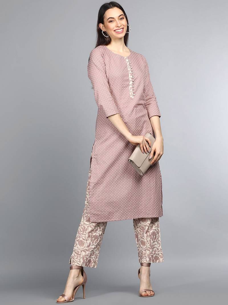 mauve polka dot pure cotton fancy kurta with trouser set