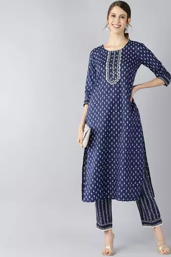 navy blue ethnic motifs pure cotton fancy kurta with trouser set