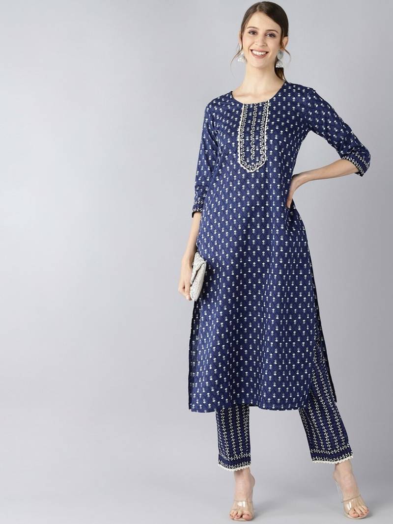 navy blue ethnic motifs pure cotton fancy kurta with trouser set