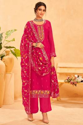 Ranipink organza heavy thread embroidery with sequins work semi stitched salwar kameez 1