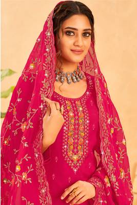 Ranipink organza heavy thread embroidery with sequins work semi stitched salwar kameez 2
