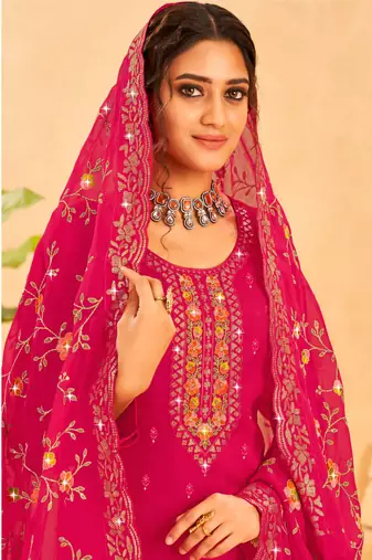 Ranipink organza heavy thread embroidery with sequins work semi stitched salwar kameez