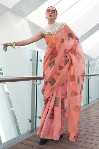 Peach Tissue Digital Print Saree With Blouse