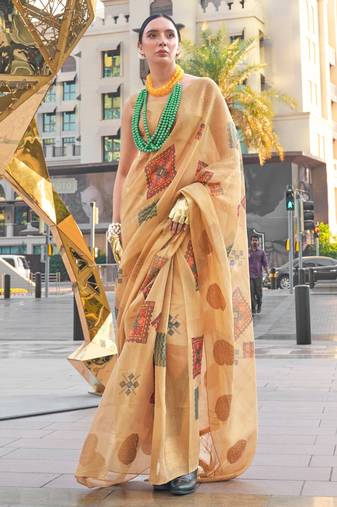 Beige Tissue Digital Print Saree With Blouse