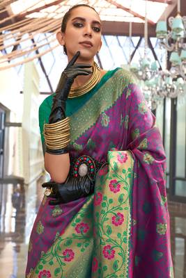 Magenta Handloom Silk Jacquard Woven Saree With Blouse 2