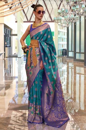 Rama Green Handloom Silk Jacquard Woven Saree With Blouse