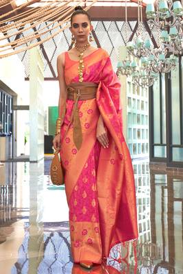 Rani Pink Handloom Silk Jacquard Woven Saree With Blouse 1