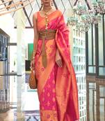 Rani Pink Handloom Silk Jacquard Woven Saree With Blouse