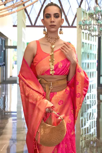 Rani Pink Handloom Silk Jacquard Woven Saree With Blouse