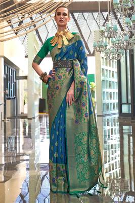 Blue Handloom Silk Jacquard Woven Saree With Blouse 1
