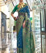 Blue Handloom Silk Jacquard Woven Saree With Blouse