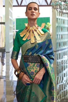 Blue Handloom Silk Jacquard Woven Saree With Blouse 2