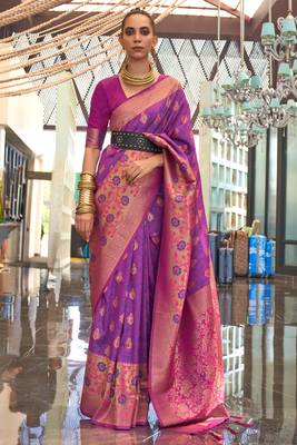 Violet Handloom Silk Jacquard Woven Saree With Blouse 1