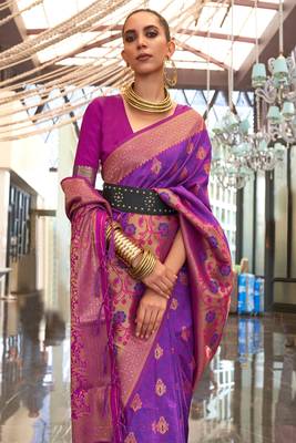 Violet Handloom Silk Jacquard Woven Saree With Blouse 2