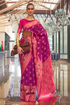 Blue Handloom Silk Jacquard Woven Saree With Blouse 1