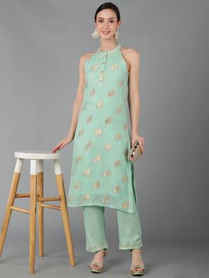 green ethnic motifs poly chanderi fancy kurta with trouser set 1