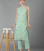 green ethnic motifs poly chanderi fancy kurta with trouser set