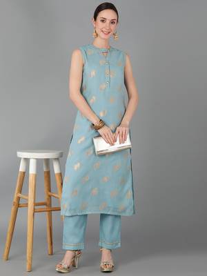 blue ethnic motifs poly chanderi fancy kurta with trouser set 1