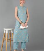 blue ethnic motifs poly chanderi fancy kurta with trouser set