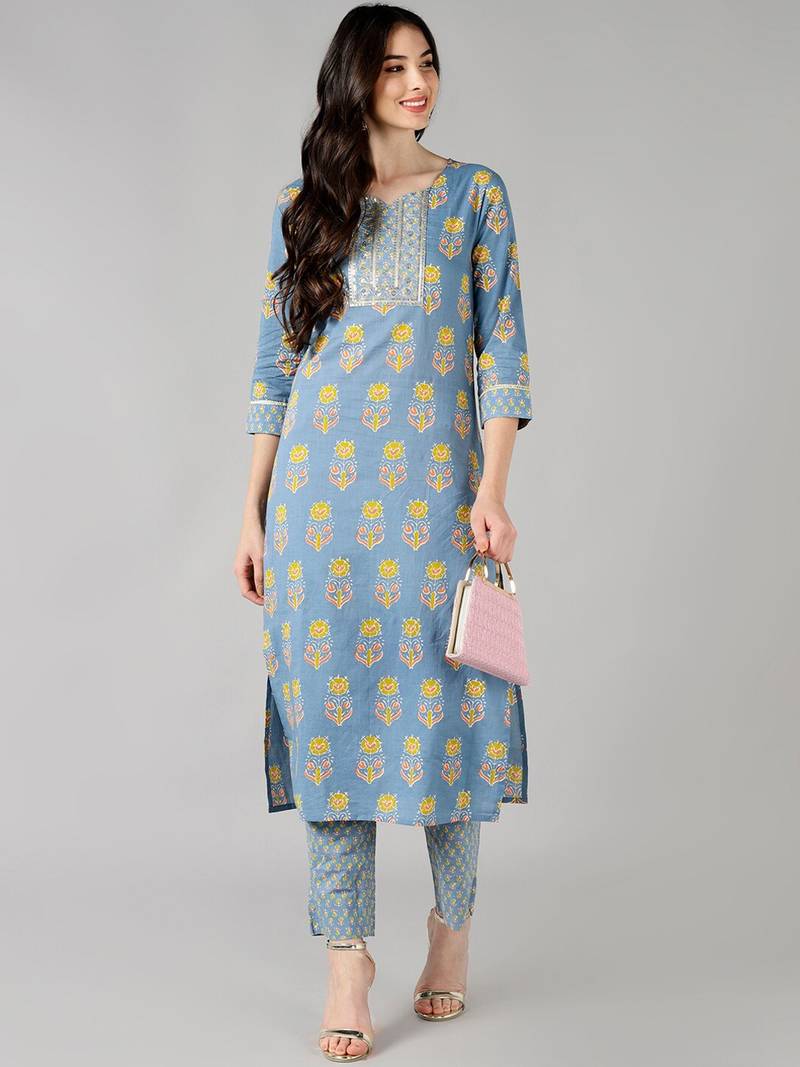 grey ethnic motifs pure cotton fancy kurta with trouser set