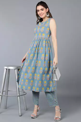 Blue Cotton Floral Kurti