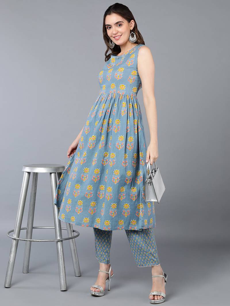 Blue Cotton Floral Kurti