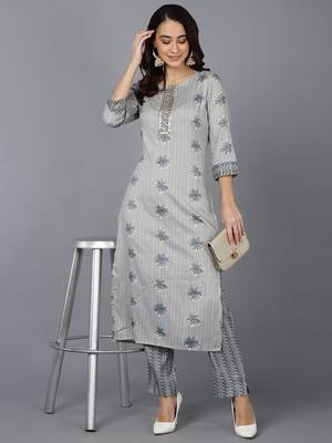 grey ethnic motifs cotton blend fancy kurta with trouser set 1