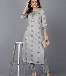 grey ethnic motifs cotton blend fancy kurta with trouser set