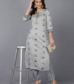 grey ethnic motifs cotton blend fancy kurta with trouser set