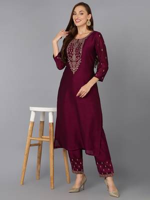 burgundy solid silk blend fancy kurta with trouser set 1