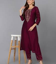 burgundy solid silk blend fancy kurta with trouser set
